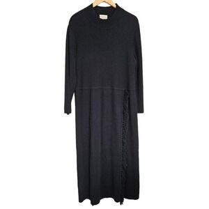Retro Coldwater Creek Black Wool Blend Maxi Fringe Sweater Dress Large Petite